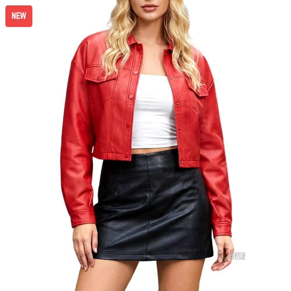Faux Leather Cropped Moto Jacket With Button Cuffs And Pocket Flaps